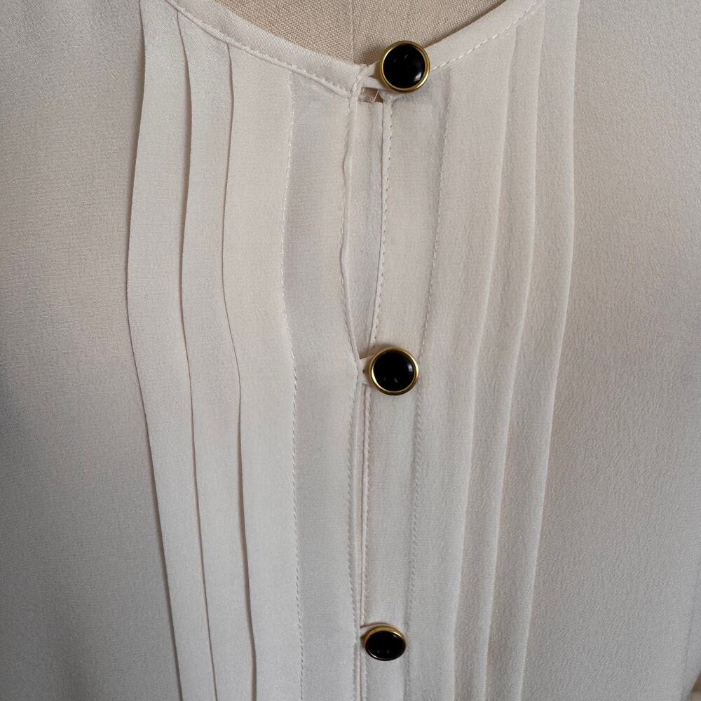 Yumi Kim S Ivory 100% Silk Pintuck Blouse 3/4 Sleeve Black Button Luxury Top - Picture 6 of 10